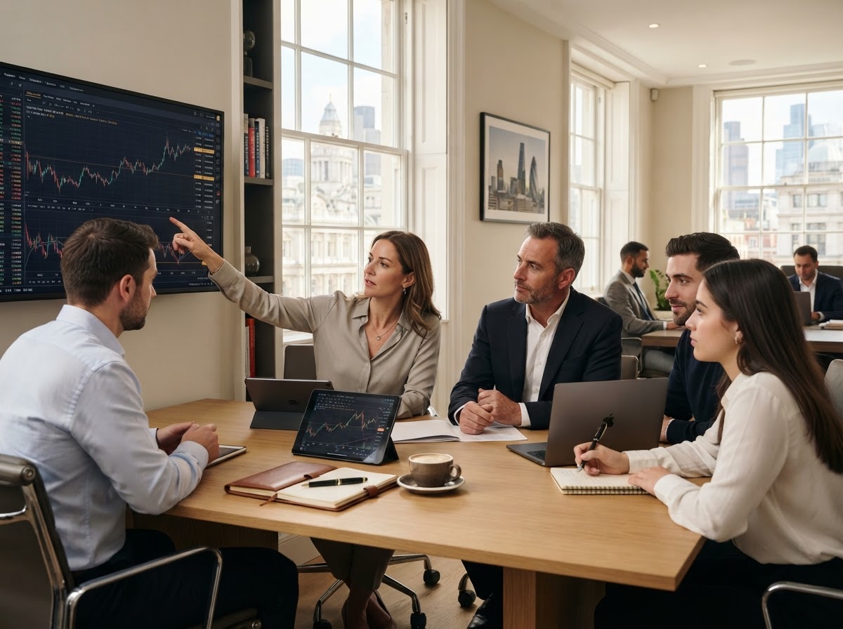 Gold Trading Squad team reviewing AI-generated market risk data
